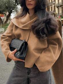Women's Simple Elegant Solid Color V-Neck Long Sleeve Short Overcoat, Suitable For Autumn/Winter Daily Wear, Commuting, Elegant Casual Versatile, Can Be Paired With Scarf As Loose Outerwear - Light Brown - View 1