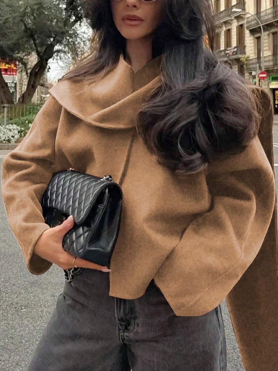 Women's Simple Elegant Solid Color V-Neck Long Sleeve Short Overcoat, Suitable For Autumn/Winter Daily Wear, Commuting, Elegant Casual Versatile, Can Be Paired With Scarf As Loose Outerwear - Light Brown - View 1