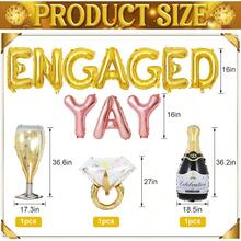 Gold Engagement Party Decorations Engaged Yay Balloons Letters Banner Diamond Ring Black Champagne Bottle Balloon Glass Foil Balloon For Bachelorette Engagement Wedding Bridal Shower Party Supplies - 黑金 - 查看 3