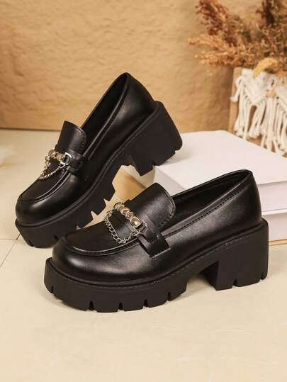 Women's Platform Chunky Heel Mid-Heel Closed Toe PU Leather Shoes With Metal Chain Decor, Fashion New Style Suitable For All Seasons
