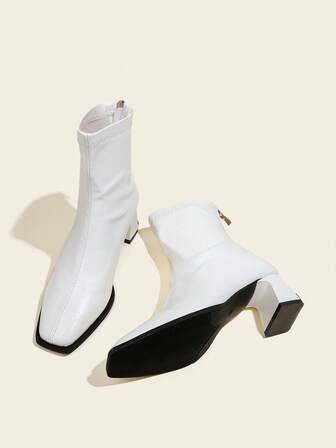 Vita ankelstövlar och korta stövlar för kvinnor, 6 cm hög klack, elastisk smal passform, bekväma och moderiktiga stövlar med grov blockklack