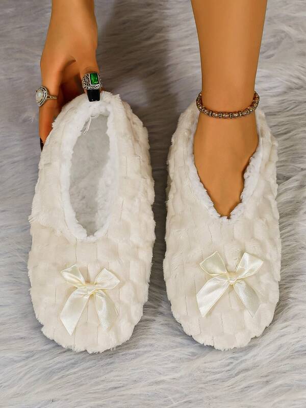 Pantuflas de invierno para mujer para usar en casa, con decoración de lazo, forro térmico, zapatos planos casuales cálidos y cómodos para el hogar