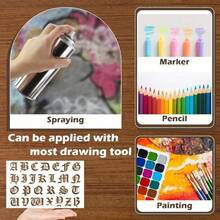 6pcs Gothic Style English Alphabet Stencils - Uppercase & Lowercase Letters, Numbers, Symbols - Durable PET Plastic Templates For Calligraphy, Scrapbooking, Journaling, Crafts - Reusable & Easy To Clean, Scrapbooking Supplies, Calligraphy Tools, Decorative Stencils, Easy Clean Stencils - White - View 10