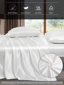 3/4pcs Satin Fitted Sheet Set, Bedding Set, Bed Sheets, Solid Color Bed Sheet Set, White Bedding Set, Mattress Cover Set, Skin-Friendly Bed Cover Set,  Soft And Comfortable Bedding, 1pc Flat Sheet, 1pc Fitted Sheet With 1/2pcs Pillowcase, Deep Pocket, For Single/Twin/Full/Queen/King Bed Sizes, Luxury Bedding, Machine Washable, Cool Touch For Sleeping, Perfect Valentine's Day Gift, Valentine's Day, Valentine's Gift - trắng - Xem 5