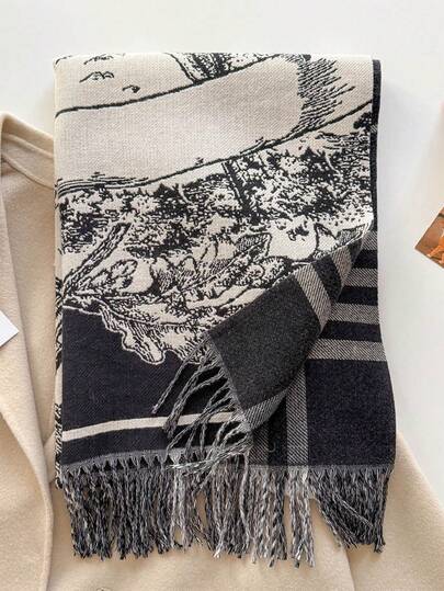 1 peça cachecol feminino grosso cáqui estampa floral pelúcia lã dupla face imitação caxemira borla tricô cachecol elegante e moderno cachecol xale quente para mulheres homens