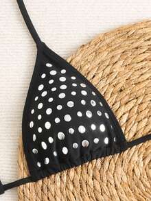 Summer Black Rhinestone Hanging Neck Shorts Swimsuit Two Pieces Set, Slim Fit Silhouette, High Elasticity Fabric, Sexy Vacation Beach Swimsuit - Black - View 7