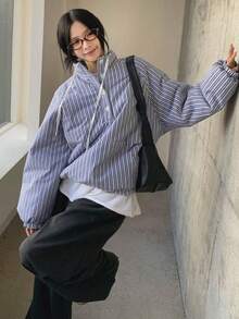 Women's Striped Stand Collar Drawstring Padded Baseball Jacket, Loose Padded Coat For Autumn/Winter - Blue and White - View 3