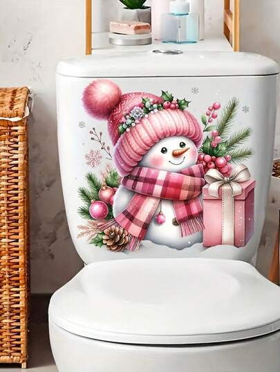 Adesivo de Natal para Assento Sanitário com Boneco de Neve (1 unidade), Autoadesivo, em Cerâmica, para Decoração de Banheiro, Quadrado, com Padrão Espinha de Peixe Semibrilhante, Descartável, com Decoração Natalina, Ideal para Assento e Caixa Acoplada. Adesivos de Parede para Decoração de Quarto, Cozinha e Casa.