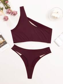 Women's Sexy Mesh Patchwork One-Shoulder Bra Set (Includes Panty) - Burgundy - View 8
