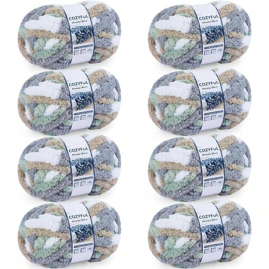 Chunky Yarn Hand Knitting - #10 Chunky Chenille Blanket Yarn, Jumbo Big Thick Chunky Yarns Crocheting, Tie Dye Bulky Knit Yarns, 8 Skein 25 Yds 8 Oz Each Skein SageKhaki - 8 件裝 + 奶油色&鼠尾草色&灰色&卡其色 - 查看 1