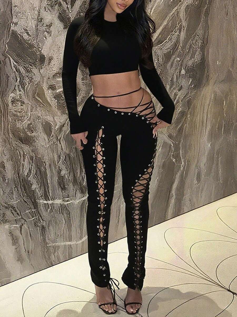 Bộ đồ nữ mới gồm áo dài tay và quần skinny, thiết kế ren khoét hở gợi cảm, màu đen, thích hợp cho mùa xuân. - màu đen - Xem 1