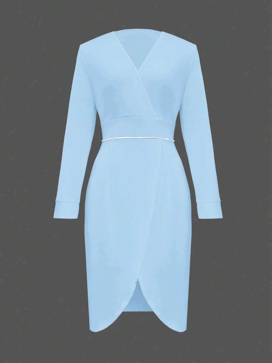 女士纯色简约长袖连衣裙，时尚