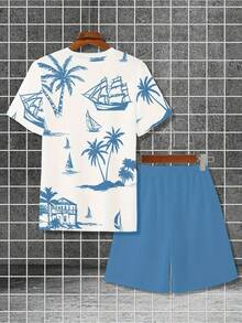 Camiseta de algodón sintético transpirable de verano para hombre Conjunto de dos piezas Camiseta de manga corta con estampado de palmeras y pantalones cortos con cordón de ajuste - Celeste - Ver 4