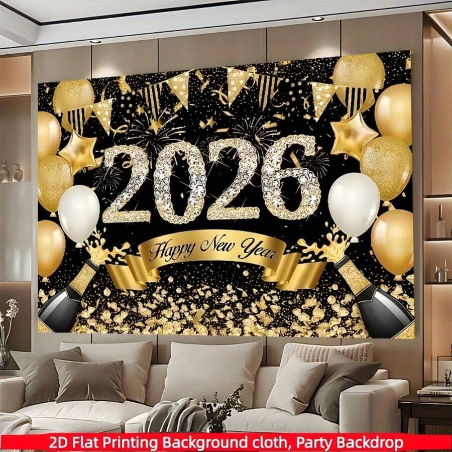 1件 2D 平面，黑色金色 2026 新年快乐背景横幅，涤纶面料，钻石“2026”字母，烟花，香槟，气球，非常适合 2026 新年派对、倒计时庆祝活动，也可作为家居/房间/墙壁装饰、摄影道具和室内/室外节日装饰。