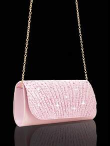 Sparkling Rhinestone Flap Clutch Bag, Elegant Pleated Handbag For Party, Includes Sparkling Rhinestone Jewelry Set, Suitable For Party, Gala, Gathering, Ball, Wedding And Other Occasions ,Pink Bag - Pink - View 7