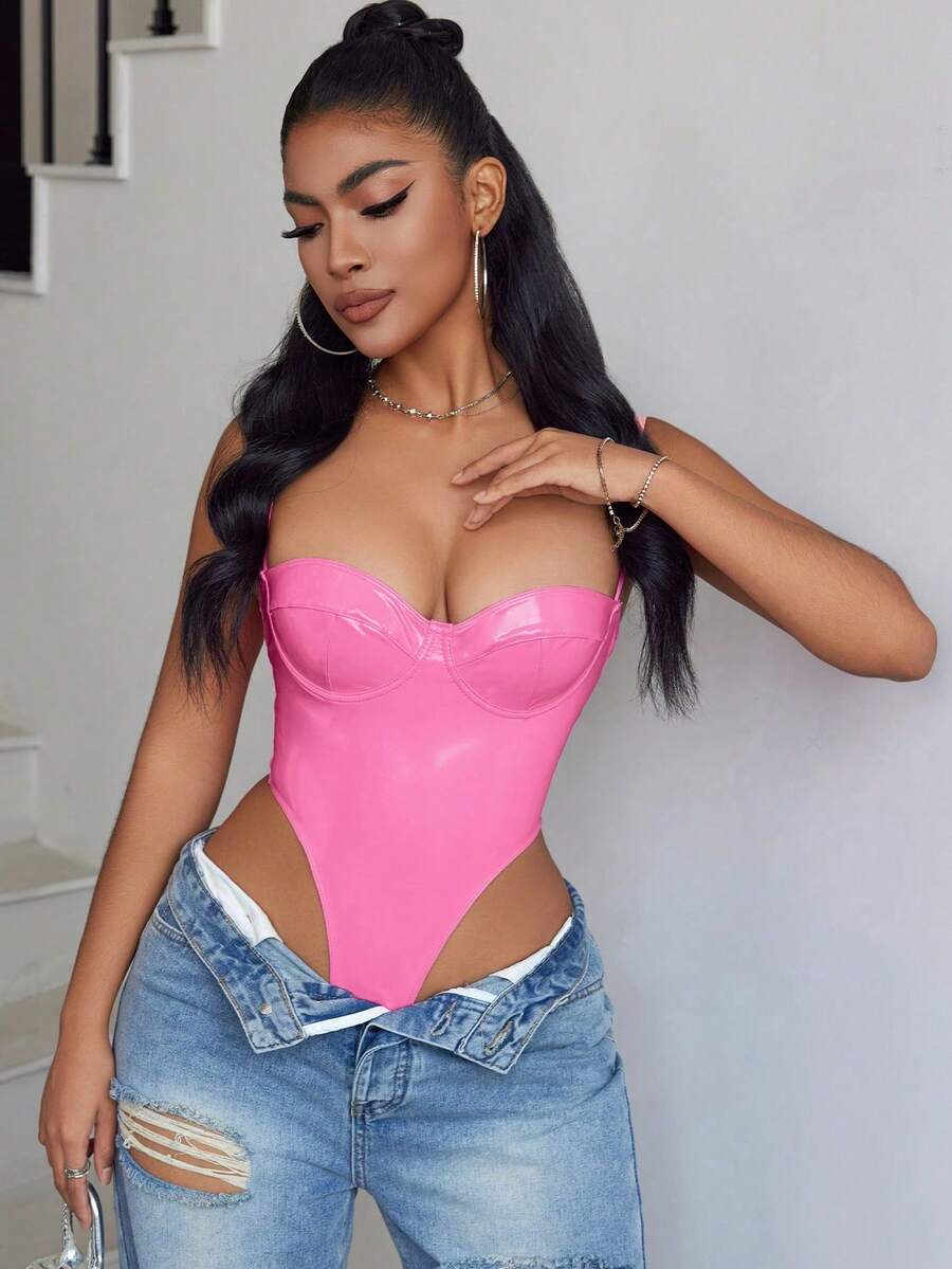 Apperloth A Rave Y2K PU Leather Bodycon Corset Bustier Shapewear Cami Bodysuit Pink Summer Elegant - Pink - View 1