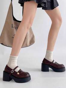 2024新款女士玛丽珍鞋，日系JK皮革绑带鞋，圆头，粗跟 - 棕色 - 查看 2