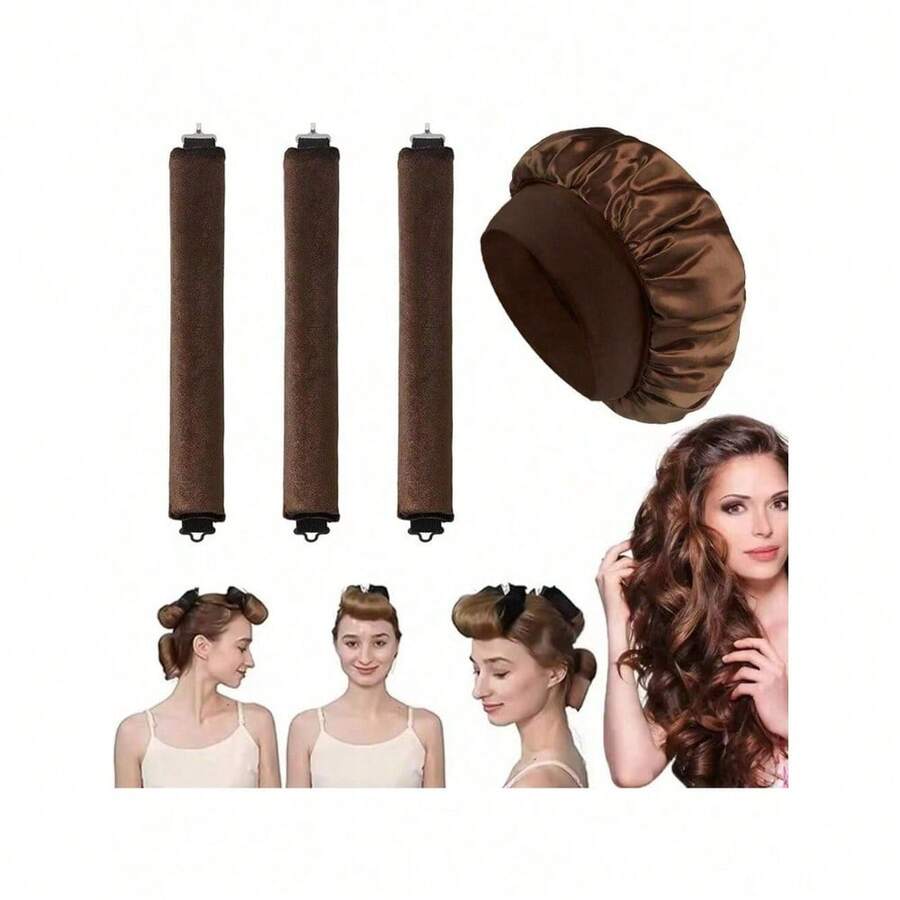 4pcs Hair Styling Set: 1pc Wide-Brim Satin Hat + 3pcs No-Heat Hair Curling Wands. Women Casual Classic Solid Color Elastic Soft Sleep Cap, Shower Cap, Faux Silk Hair Turban Cap With Elastic, Protect Hair From Damage; 3pcs Curling Rods With Hooks, Easy To Create Curls Suitable For All Hair Types, Unisex, Back To School, Travel Holiday Essentials, Hair Accessories For Women, Hair Curlers For Hairdressing Equipment, Accessories, Hair Curl, Curly Hair Tools, Hair Roller, Christmas,Curly Hair, Hair Curler, Hair Rollers, Heatless Curl, Heatless Curls, Rollers, Hair Curlers, Curly Hair Products, Hair Curl, Hair Roller, Rollers For Hair, Curly Hair Tools, Heatless Curlers,Hair, Accessories, Hair Products, Hair Tools, Hair Stuff, Hair Care, Curly Hair Brush, Barber, Barber Accessories, Hairdressing - 彩色 - 查看 1