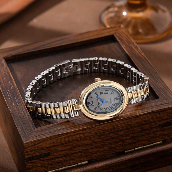 Vintage Oval Women's Watch, Gold-Tone Stainless Steel Strap, Starry Blue Roman Dial, Elegant Quartz Ladies Watch