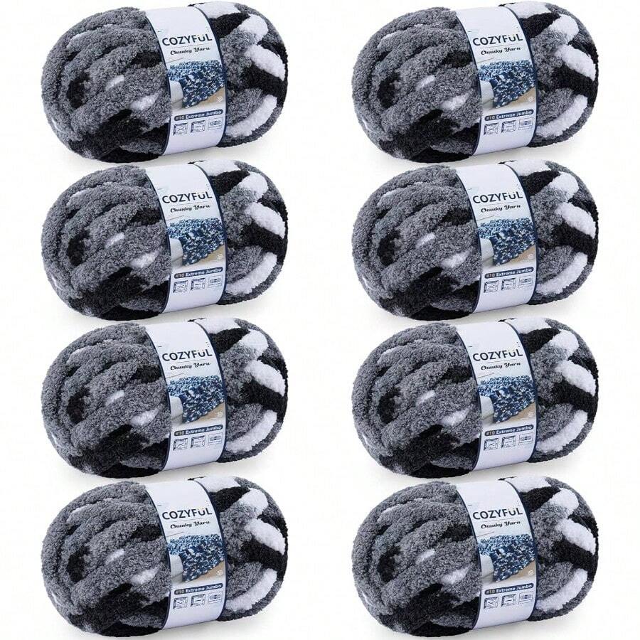 Chunky Yarn Hand Knitting - #10 Chunky Chenille Blanket Yarn, Jumbo Big Thick Chunky Yarns Crocheting, Tie Dye Bulky Knit Yarns, 8 Skein 25 Yds 8 Oz Each Skein SageKhaki - 8 件裝 + 黑色 & 灰色 & 白色 - 查看 1