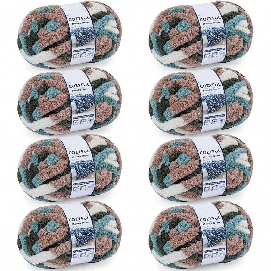 Chunky Yarn Hand Knitting - #10 Chunky Chenille Blanket Yarn, Jumbo Big Thick Chunky Yarns Crocheting, Tie Dye Bulky Knit Yarns, 8 Skein 25 Yds 8 Oz Each Skein SageKhaki - 8 件裝 + 森林色 & 青色 & 咖啡色 & 淺黃色 - 查看 1