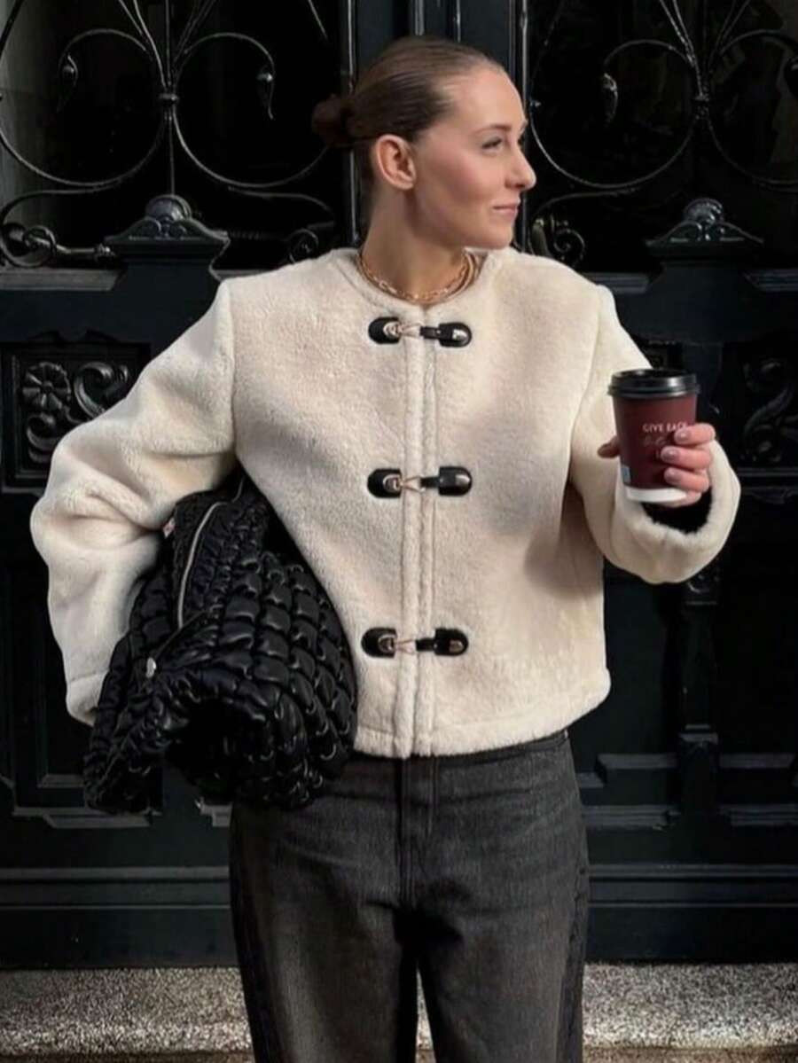 女士抓绒外套，休闲仿羊羔绒，金属纽扣，圆领，加厚保暖，秋冬季外套 - 米色 - 查看 1