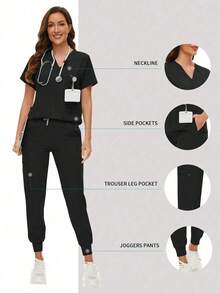 Surgical Uniforms Woman Scrub Set Nurse Beauty Salon Workwear Clinical Scrubs Top Pants Sets Spa Doctor Nursing Clinical Suit - 黑色 - 查看 2