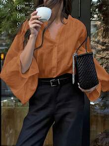 秋季新款甜美清新百搭优雅通勤宽松立领灯笼袖长袖休闲提花衬衫女上衣 - 橘色 - 查看 5