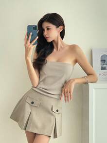 ROSIE POPHUB Ladies' Beige Faux Pocket PseudoTwo Piecese Vacation Dress - Sexy Strapless A-Line Skirt For Birthday Outfits - Khaki - View 7