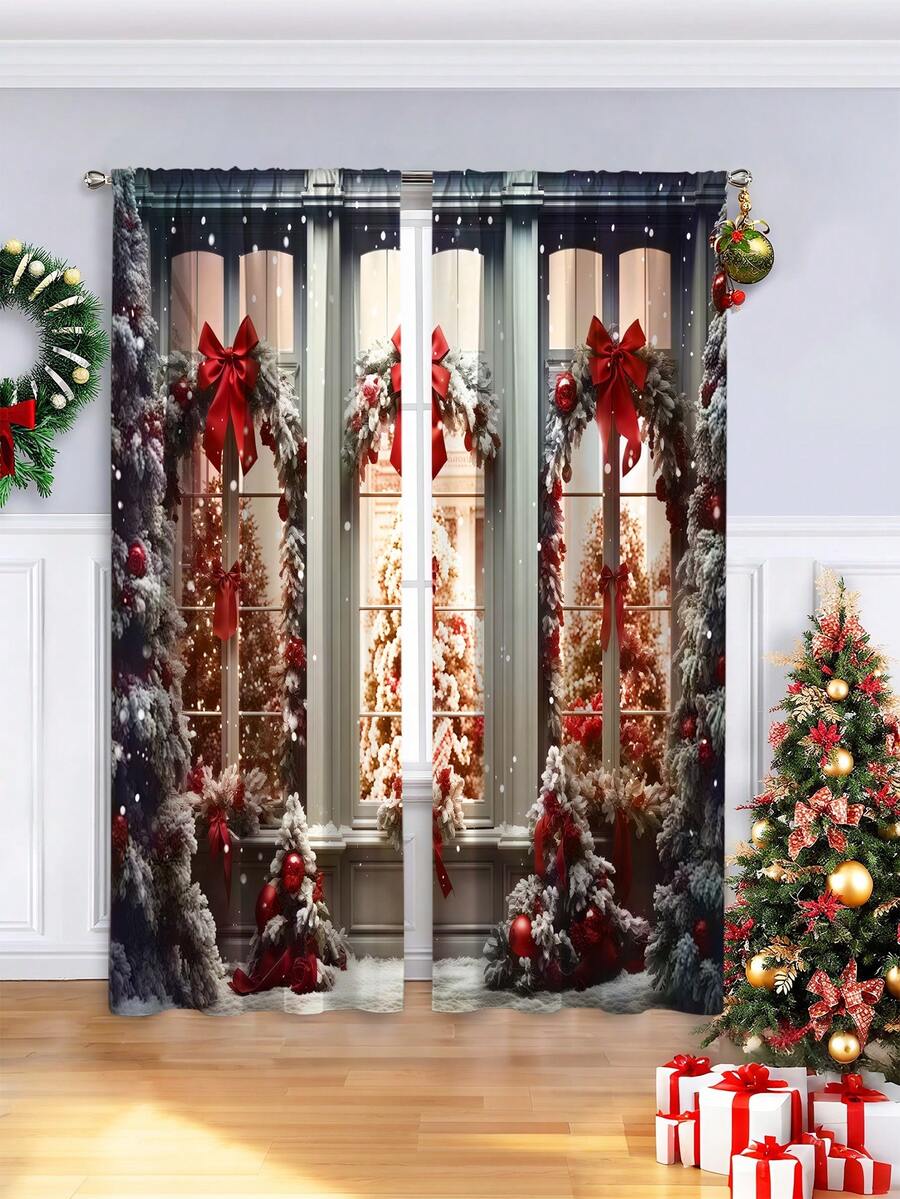 2PCS Christmas-Themed Brushed Fabric Digital Print Curtains, Retro Gorgeous Style Design With Red Bow Snow Pine Forest Window Scene, Rod Pocket Installation, Semi-Transparent Polyester Fiber Material, Suitable For Living Room, Kitchen, Bedroom, Dining Room, Filling Your Home With Festive Atmosphere