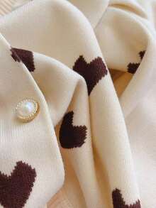 enmi bear Young Girl Knit Cardigan Cute Heart Pattern Sweater Jacket, Long Sleeve Lantern Sleeve Top, Korean Style