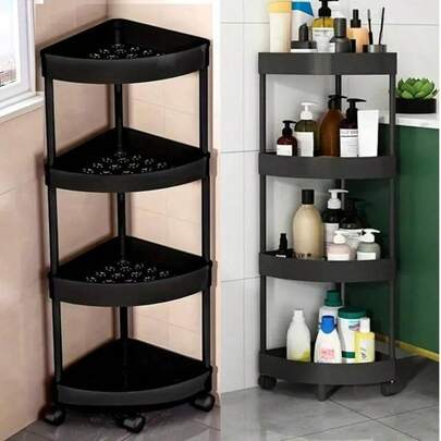 4-Tier Rotating Bathroom Kitchen Storage Rack, Suitable For 48 Scenarios. Swivel Wheel Bathroom Corner Shelf, 3-Layer Triangular Storage Rack, Space-Saving 90° Design, Thickened & Heightened Hollow Drainage, Plastic Material For Bathroom, Kitchen, Bedroom, Living Room