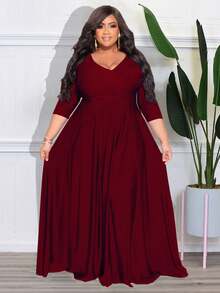 Plus Size Women V-Neck Waist Cinched Solid Color Dress Elegant - Burgundy - View 5