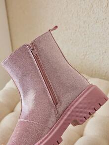 1 Pair Kids' Pink PU Round Toe Lace-Up Fashion Boots