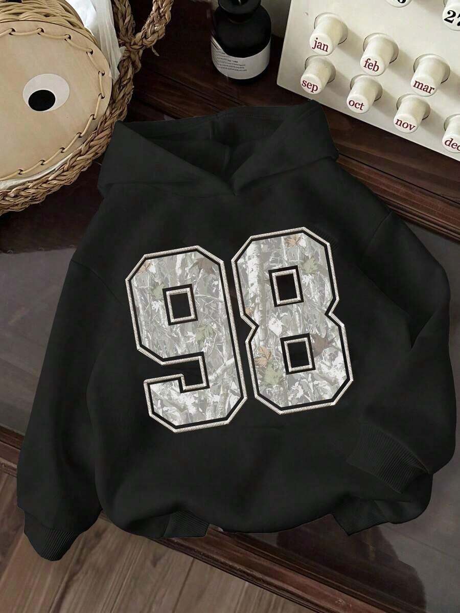 Winter Clothes For WomenTween Girl Casual Hooded Thick Sweatshirt, College Style Numeric & Camouflage Leaf Print, Campus Vibe, Citywalk, Street Atmosphere, Leisure Campus Sports Style, Suitable For Autumn/Winter FallLoose And Comfortablesudaderas De Mujer - 黑色 - 查看 1