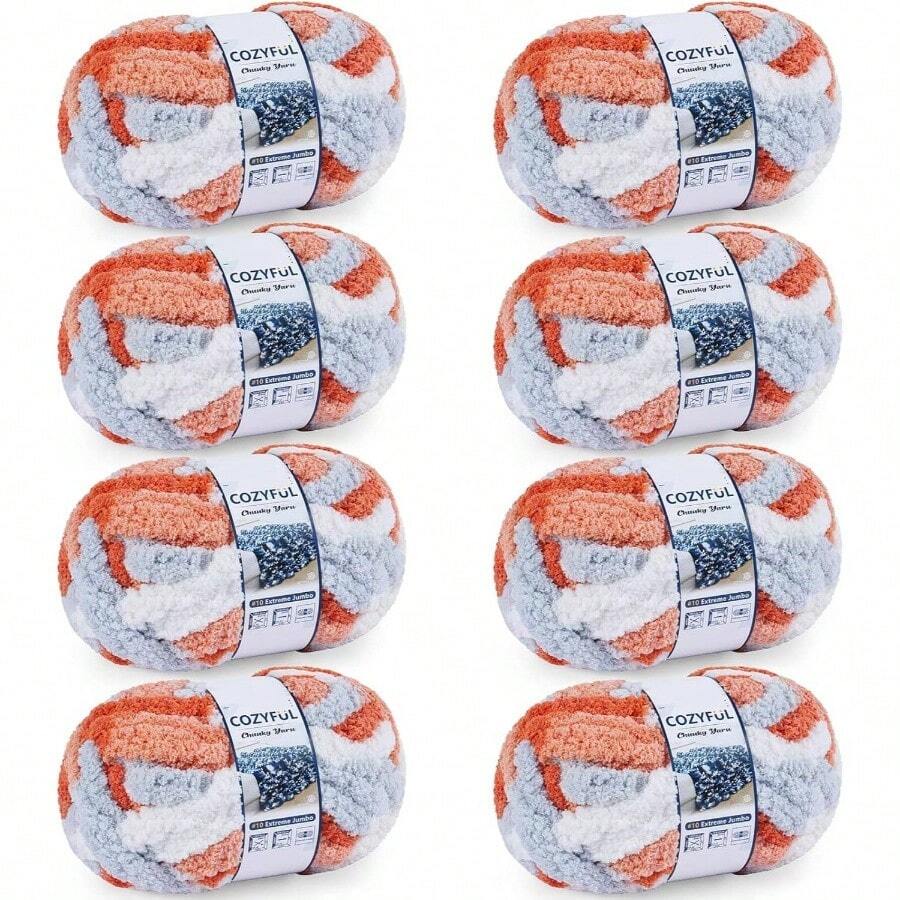 Chunky Yarn Hand Knitting - #10 Chunky Chenille Blanket Yarn, Jumbo Big Thick Chunky Yarns Crocheting, Tie Dye Bulky Knit Yarns, 8 Skein 25 Yds 8 Oz Each Skein SageKhaki - 8 件裝 + 多色橙色和灰色 - 查看 1