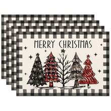 1pc/4pcs Christmas Theme Placemats, Black & White Buffalo Plaid Christmas Tree Placemat Set, Minimalist Faux Linen Rectangular Heat-Resistant Tableware Mat, Suitable For Holiday Gatherings And Parties, Seasonal Christmas Party Kitchen & Dining Decor, 12*18 Inches - Black and White - View 10