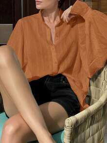 秋季新款甜美清新百搭优雅通勤宽松立领灯笼袖长袖休闲提花衬衫女上衣 - 橘色 - 查看 10