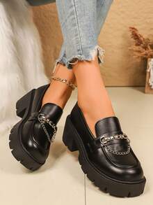 Women's Platform Chunky Heel Mid-Heel Closed Toe PU Leather Shoes With Metal Chain Decor, Fashion New Style Suitable For All Seasons