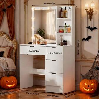 [Halloween Decorations]Bedroom Vanity Set 10 LED Lighted Mirror With 4 Drawers Modern Dressing Table-Touch Control Mirror, Ideal For Organizing Makeup, Skincare. Compact Vanity Furniture Fits Bedroom, Serves As Decor, Gift, Perfect Gift For Women