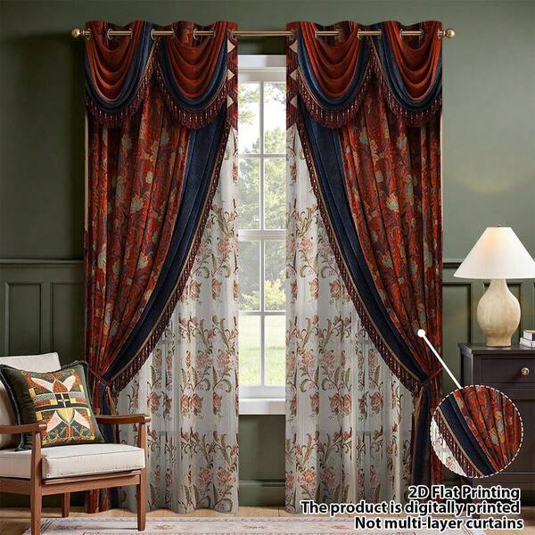Conjunto de 2 cortinas de luxo vintage com estampa plana 2D, nas cores bordô e azul marinho, em fibra de poliéster, ideais para casas alugadas, salas de estar, cozinhas e quartos. Removíveis e laváveis à máquina. Perfeitas para janelas pequenas.