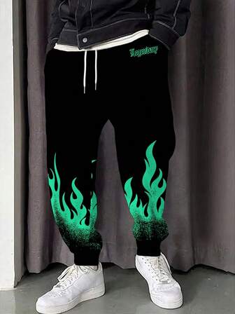 2025新款3D火焰印花运动裤，男女通用健身跑步裤，秋季时尚街头服饰