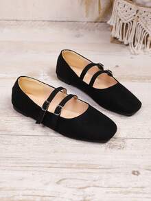 女士方头搭扣装饰平底玛丽珍芭蕾平底鞋，时尚舒适，适合日常通勤和休闲穿着。 - 方頭黑色2 - 查看 2