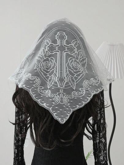 1 st spetsblommig brudslöja med triangulär halsduk, trendig spetskant, andningsbar kyrklig huvudduk