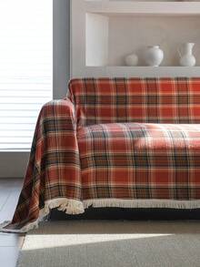 1pc Christmas Plaid Sofa Cover With Tassels, Green Vintage Farmhouse Style Sofa Throw Blanket, Thick & Durable Sofa Protector For Pet, Perfect For Christmas Holiday Family Gathering, Living Room, Bedroom, Office