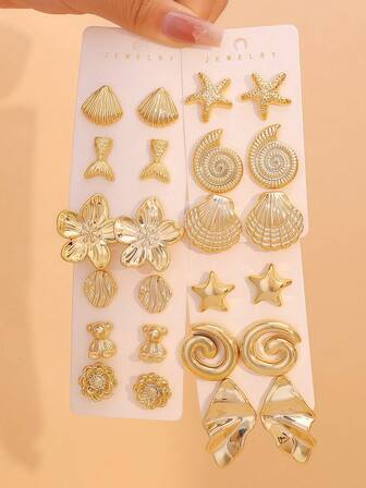 3/6/12对欧式波西米亚风金色耳环套装，女士款，饰有优雅的贝壳、海星、花朵、鱼尾和耳钉设计——复古别致、浪漫简约，充满海滩风情，适合夏季、度假或日常佩戴，是旅行、约会和派对的完美配饰，也是情人节、母亲节、圣诞节或生日送给妈妈、女友或妻子的贴心礼物。