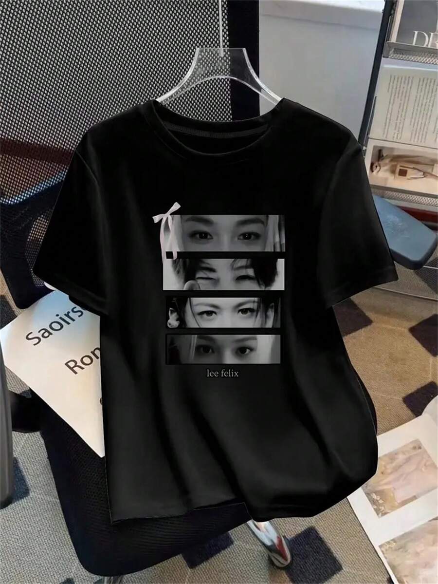 Women's & Men's K-Pop Anime Graphic Tshirt, Kpop , T Chemise Homme, 1pc Women'S  Felix Face Print T-Shirt - Korean Pop Star Inspired Casual Short Sve Tee With & Portrait Design, Soft Breathable Fabric, Machine Washable All-Season Top For Casual Attire & K-Pop Fans, Korean T Shirt, Fan Merchandise Short Sve Round Neck Top,Ideal K-Pop Fan Gift,  Design, Breathable Fabric, Stylish Blouse,  Outfit, Soft Material, Cadeaux Pour Son Copain️ - 黑色 - 查看 1