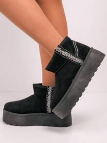 Suede Platform Ankle Boots With Embroidered Trim And Soft Interior Lining - Black - View 4