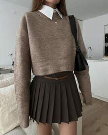 Dila Polly Women's Solid Color Casual Versatile Cropped Sweater, Autumn/Winter - Khaki - View 3