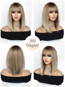 12 Inch Short Bob Wigs With Dark Roots Synthetic Heat Resistant Wigs Blonde Ombre For Woman Party Use Halloween Hot - Blonde Ombre - View 4